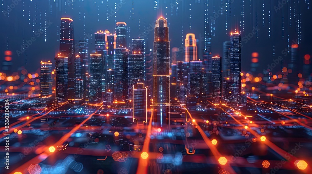 Obraz premium Futuristic City Skyline with Glowing Digital Grid and Skyscrapers at Night