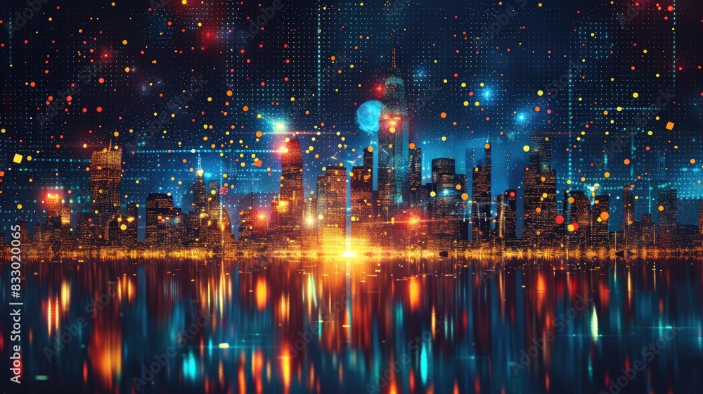 Fototapeta premium Futuristic Digital Cityscape with Colorful Lights Reflecting on Water at Night