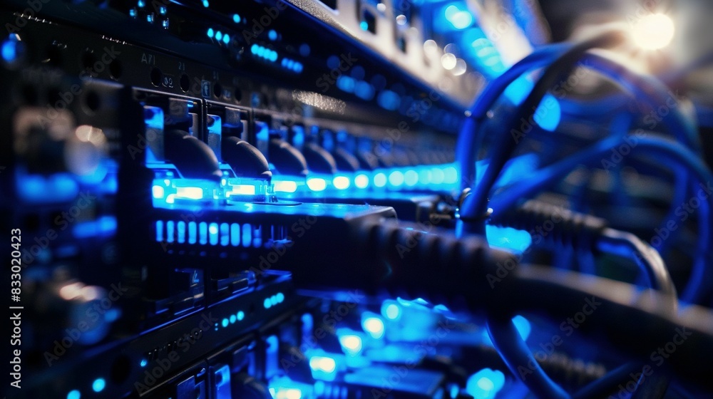 Blue Cable in Network Switch: A Close-Up Perspective