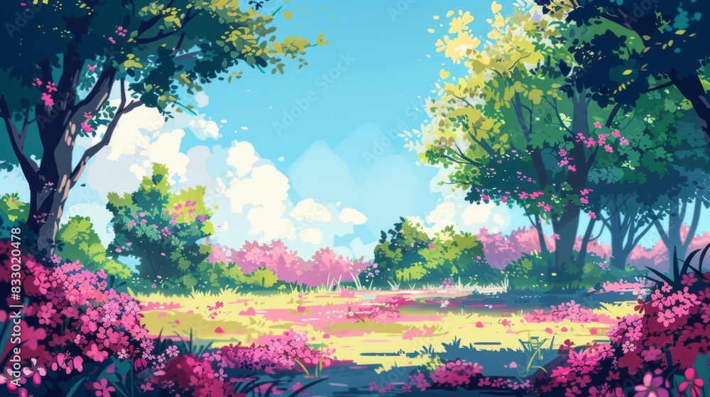 Soft focus on a tranquil scene of a lush green field with scattered blooms and ancient trees standing guard Soft focus on a tranquil scene of a lush green field with scattered blooms and ancient trees standing guard