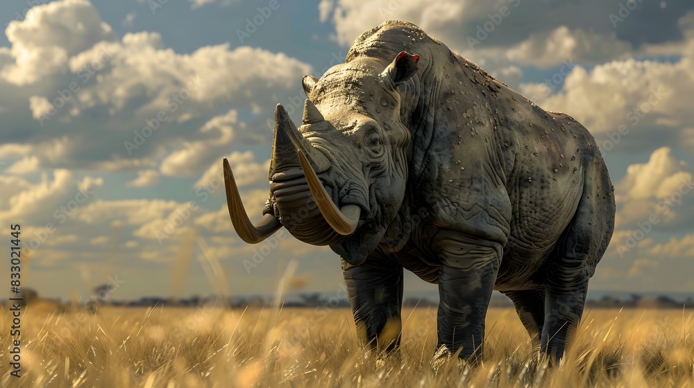 Obraz premium Powerful Rhinoceros Stands Tall in African Savanna Wilderness