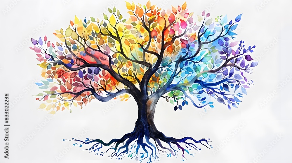 Fototapeta premium tree with colorful watercolor leaf