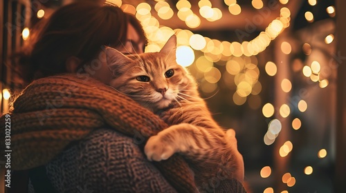 Photograph a person hugging their cat during a relaxing evening on the porch, with the soft glow of string lights creating a magical and intimate atmosphere Hug Your Cat Day photo