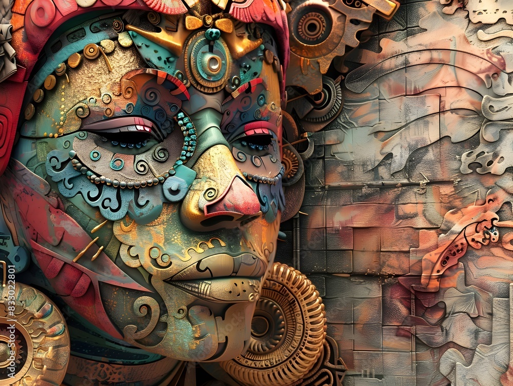 Obraz premium Vibrant Tribal Mask Sculpture with Intricate Colorful Patterns and Textures