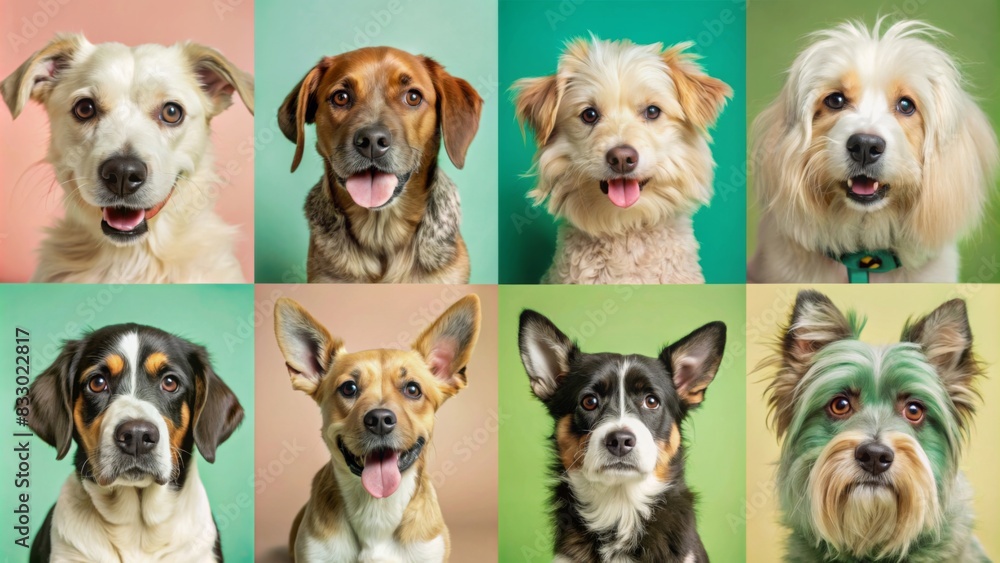 Cute dogs of various breeds in portrait format, arranged on colorful squares for pet photography, showcasing different emotions and sizes. Cute dogs of various breeds in portrait format, arranged on colorful squares for pet photography, showcasing different emotions and sizes.