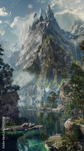 A breathtaking fantasy mountain scene with a cascading waterfall  river  and lush greenery. Generate Ai