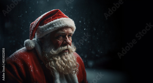 Spooky scary Santa Claus. Horror in the north pole: when Bad Santa Claus turned evil. Portrait of Santa with creepy expression and blood in his face. Copy space