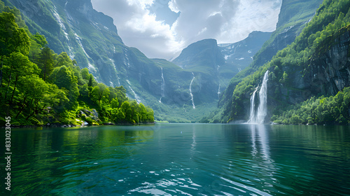 A vibrant nature fjord landscape with waterfalls cascading down the cliffs, the water creating a dynamic visual