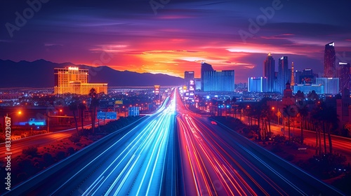 Street at night in the city of a resort town in the desert - gambling - resort - neon lights - inspired by the sights of Las Vegas - sin - vacation - holiday - getaway - escape photo