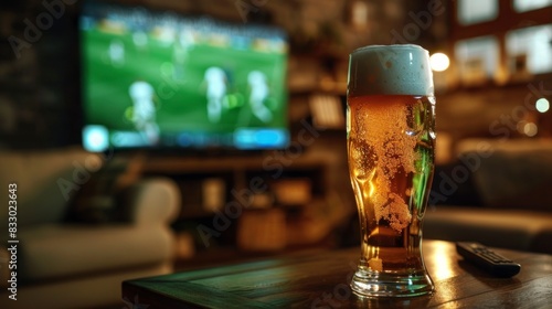 glass with beer on a wooden table in a house with a TV in the background watching a soccer game in high resolution and high quality. concept drinks, beer