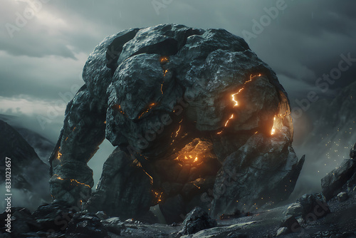 A surreal image of a giant golem emerging from the earth. photo