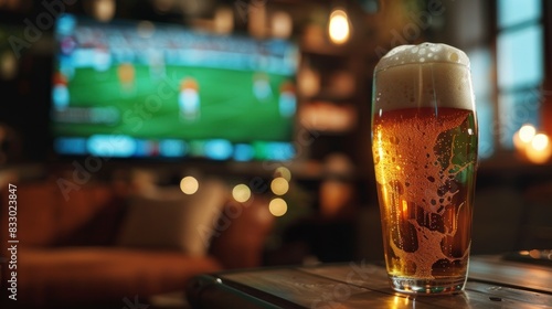 glass with beer on a wooden table in a house with a TV in the background watching a soccer game in high resolution and high quality. concept drinks, beer, liquor