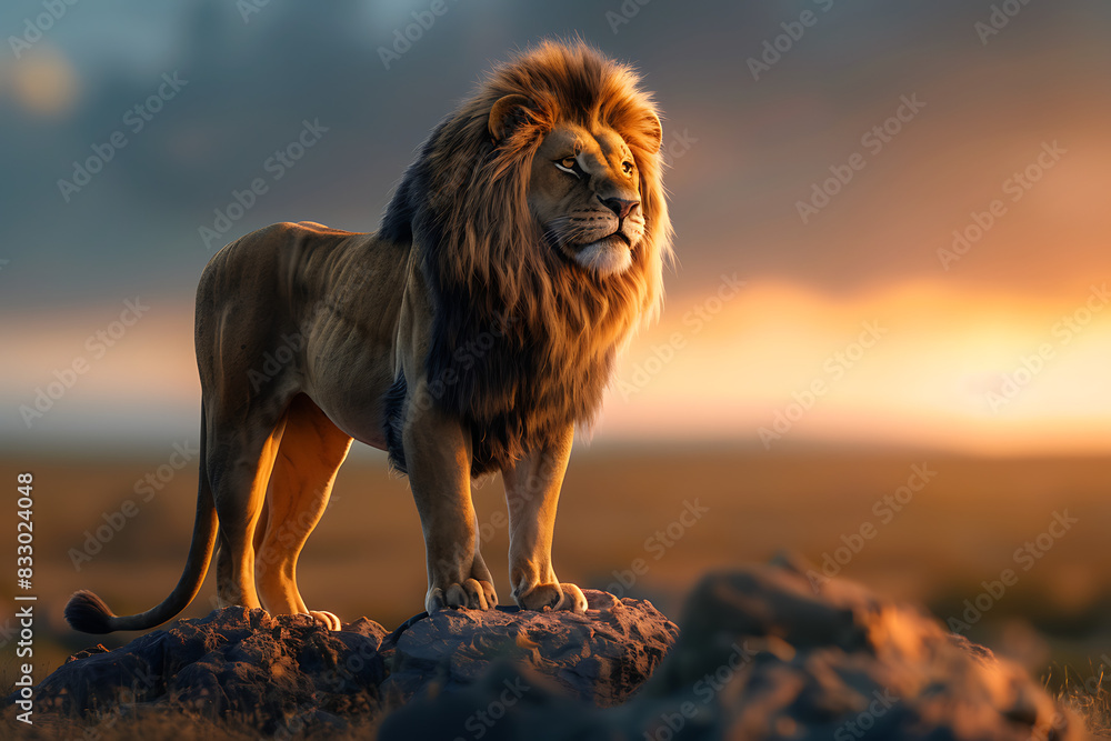 Obraz premium A lion stands proudly on a rock in the savannah. Bathed in natural light