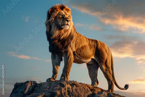 A majestic lion  king of the savanna  surveys its domain at sunset