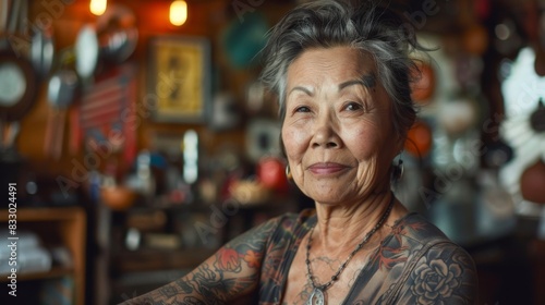 Portrait of a old woman tattoo artist at studio tattoo