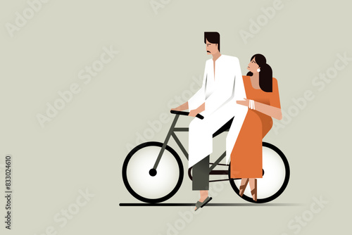 Illustration of an Indian married couple travelling on a bicycle