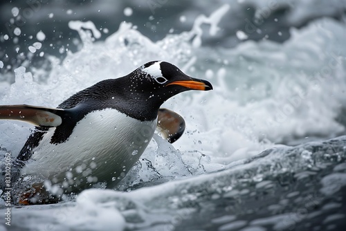 A penguin sliding on ice towards the ocean.