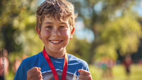 A boy showing off his medal after a successful competition