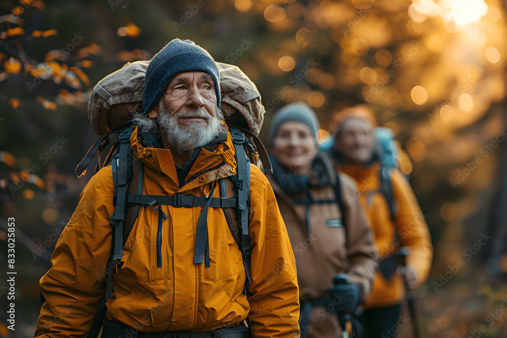 Portrait of a senior man with a gray beard enjoying a trekking adventure. Slow-paced living and outdoor activities, Explores serene landscapes, wellness and a healthy, active lifestyle in nature. Portrait of a senior man with a gray beard enjoying a trekking adventure. Slow-paced living and outdoor activities, Explores serene landscapes, wellness and a healthy, active lifestyle in nature.