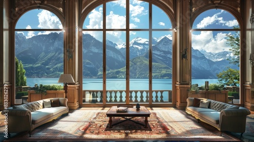 living room of a beautiful mansion with views of the lake and mountains © Marco