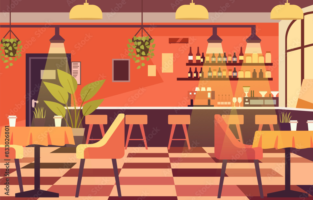 Illustration of Modern Interior Landscape in Cafe Restaurant with Dining Table for Customer Illustration of Modern Interior Landscape in Cafe Restaurant with Dining Table for Customer