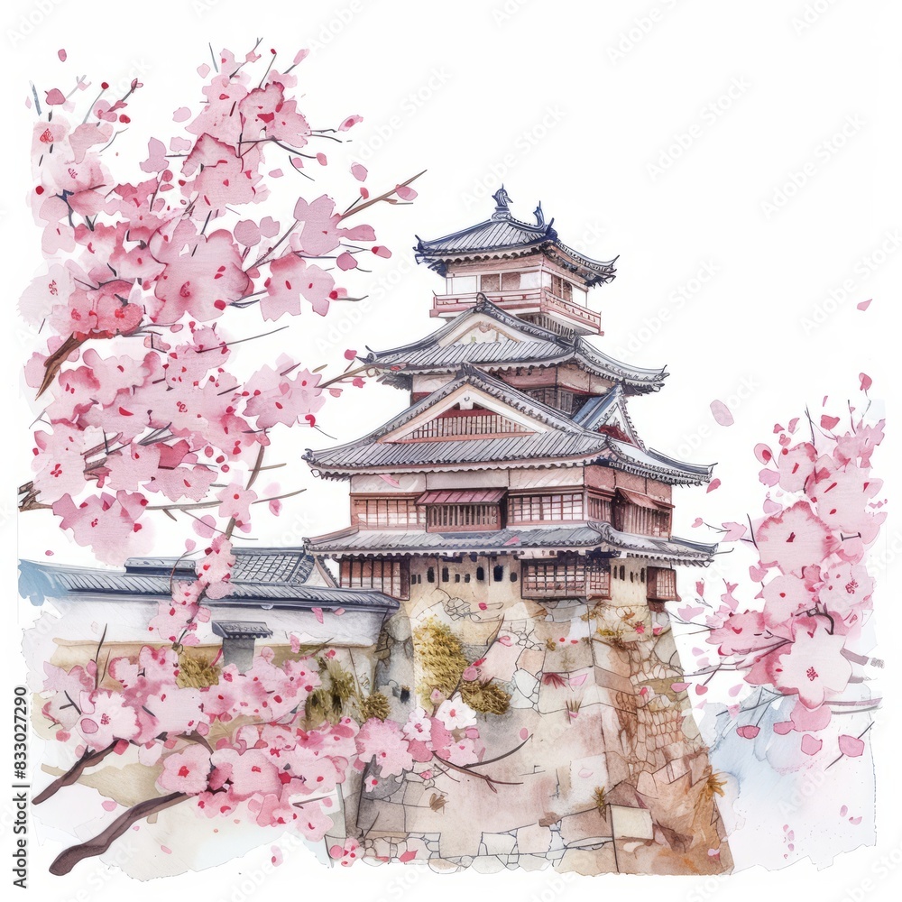 Watercolor painting of a feudal Japanese stronghold, with a traditional wooden keep and fortified walls surrounded by cherry blossom trees in bloom, Generative AI Watercolor painting of a feudal Japanese stronghold, with a traditional wooden keep and fortified walls surrounded by cherry blossom trees in bloom, Generative AI