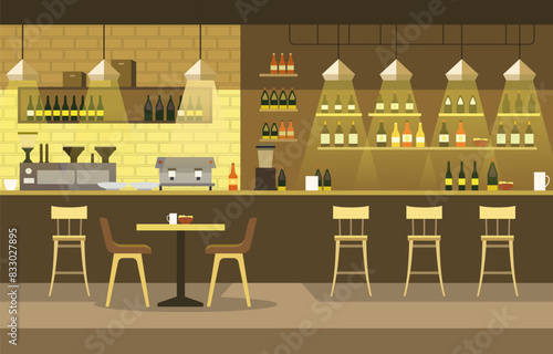 Modern Interior Landscape in Cafe Restaurant with Bar Table and Customer Chairs