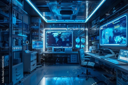 Futuristic control room with multiple screens  computers  and a high-tech setup illuminated by blue lighting  showcasing advanced technology.