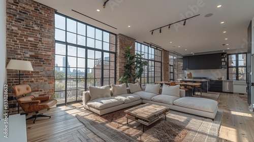 The photo shows a bright and airy living room with high ceilings and large windows photo