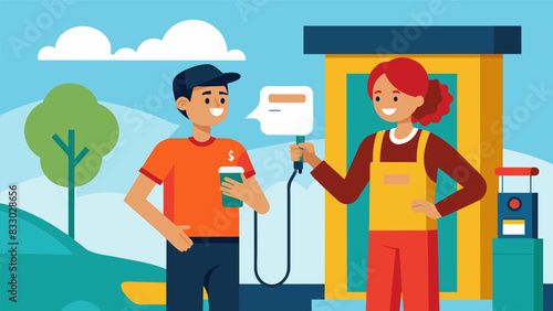 The attendant at the petrol pump patiently answered questions from a firsttime driver explaining how to pump gas and where to find the nearest. Vector illustration