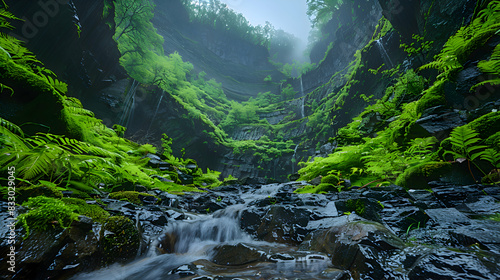 A vibrant nature gorge landscape with lush vegetation growing on the cliff sides photo