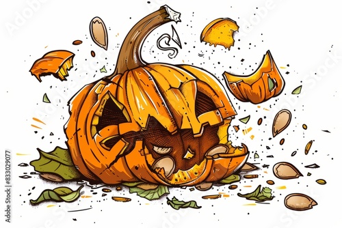 Cartoon cute doodles of a smashed pumpkin with seeds and pieces everywhere, Generative AI