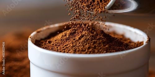 A spoonful of ground coffee is being poured into a white container.