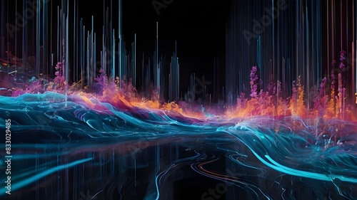 Surreal Panorama of Cascading Data Streams Flowing in a Dynamic Background, Flowing Cascades of Data: A Surreal Panoramic Background, Immersive Surreal Panorama with Flowing Data Streams in a Cascadin photo