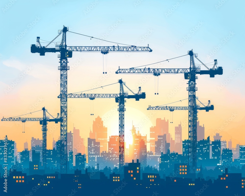 A row of cranes standing tall against the backdrop of a city skyline , abstract  , background