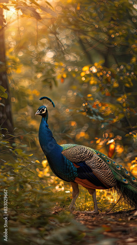 A peacock showcases its splendid feathers among autumn leaves. Generate AI