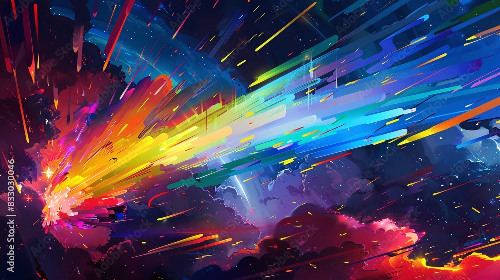 Fototapeta premium A vibrant, colorful illustration of a rainbow-colored comet streaking through a sky of abstract shapes and lines representing unity and pride, with a palette of deep blues, purples, and vibrant colors