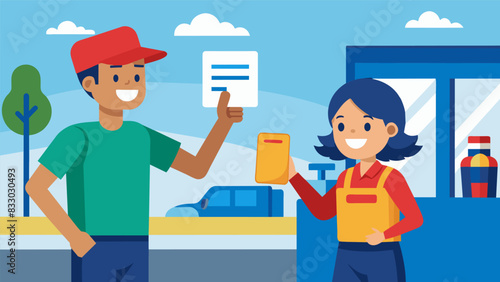 With a friendly wave and a cheerful greeting the attendant handed a customer their receipt and wished them a safe journey the gas pump clicking off in. Vector illustration