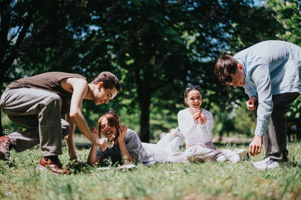 Fototapeta premium A group of young friends gathers in a park, enjoying a carefree day filled with laughter and play under the sun.