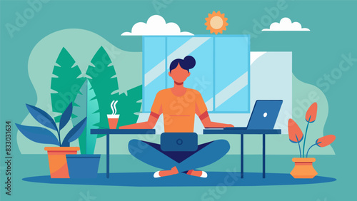 An office worker taking a break from their desk and engaging in a virtual yoga session with serene nature backgrounds.. Vector illustration