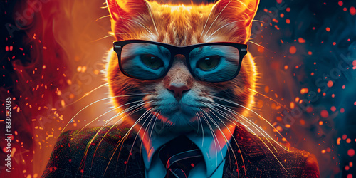 A red/orange cat with glowing eyes and whiskers wearing glasses and a suit. Fireworks are in the background.