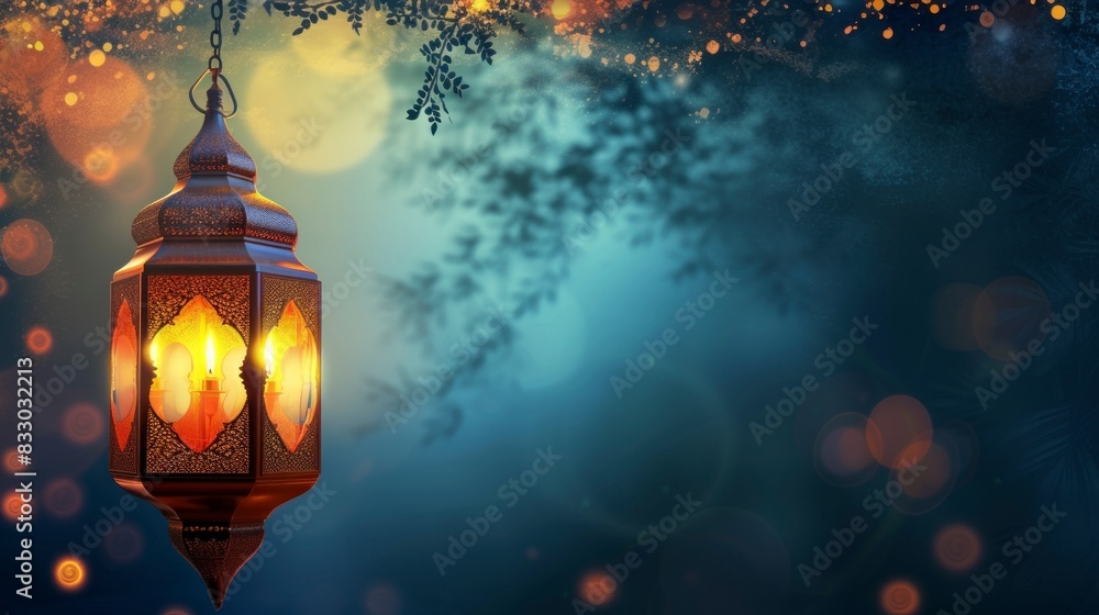 Arabic lantern with burning candle on a shelf Arabic lantern with burning candle on a shelf