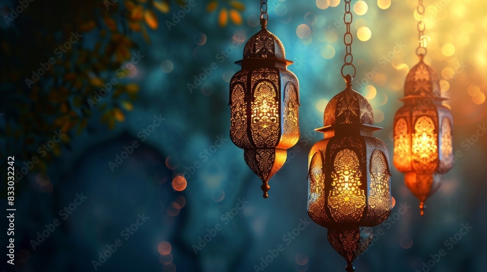 beautiful arabic lantern with burning candle hanging on a tree with blue background beautiful arabic lantern with burning candle hanging on a tree with blue background