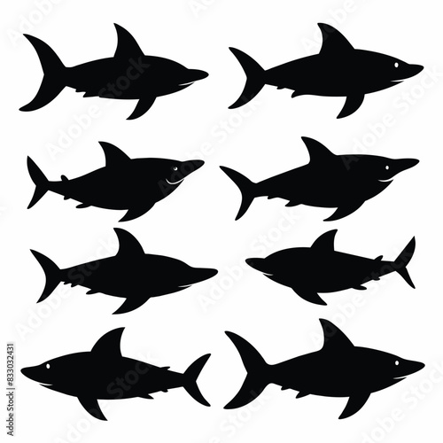 Set of Bull Shark animal black silhouettes vector on white background