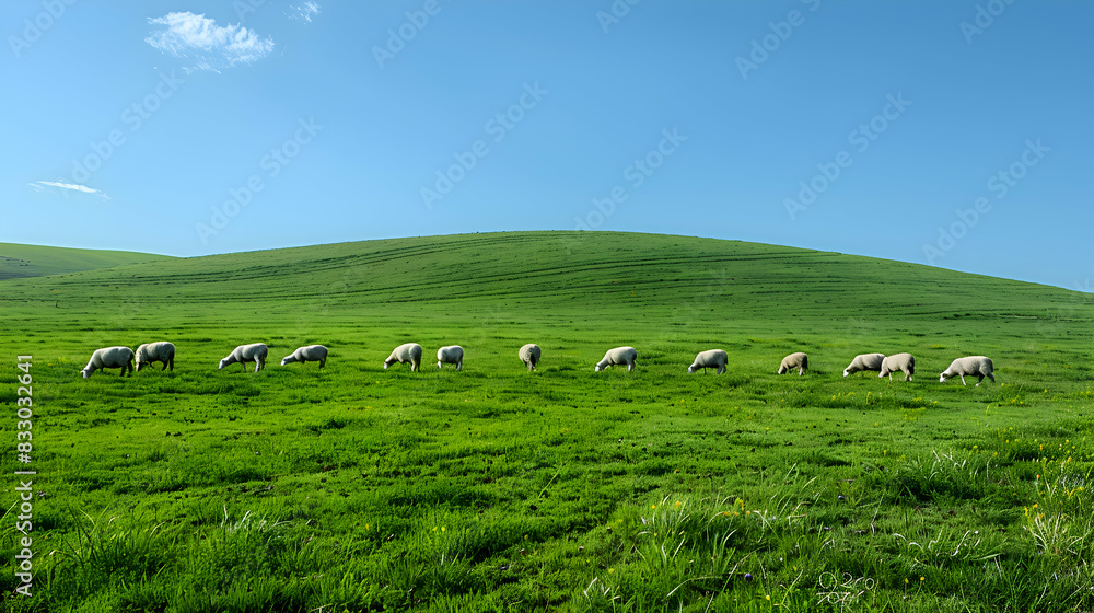 A vibrant nature hill landscape with a flock of sheep grazing peacefully, the sky clear and blue A vibrant nature hill landscape with a flock of sheep grazing peacefully, the sky clear and blue