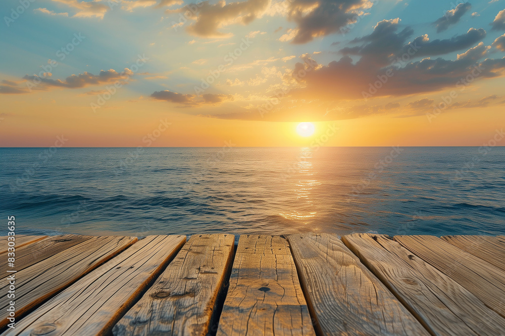 Fototapeta premium Beautiful Summer background wooden table top and blur sea sandy beach view 