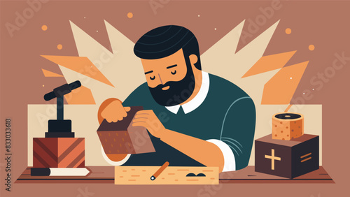 The workshop hums with the quiet energy of creation as the engraver pours his heart into adding the finishing touches to a Bible verse on a newly. Vector illustration
