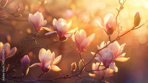 Magnolia tree branch with fully bloomed flowers in the soft morning sunlight Spring scene in the park photo