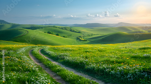 A vibrant nature hill landscape with a winding path leading up to the summit  the rolling hills creating a picturesque scene