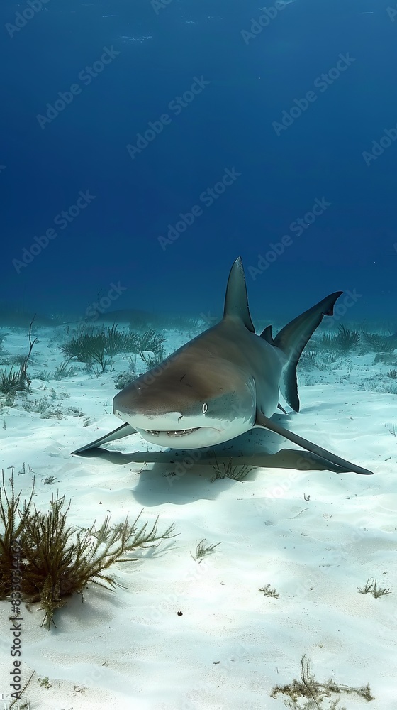 Fototapeta premium Grey reef shark swims through the shallows in the Bahamas.